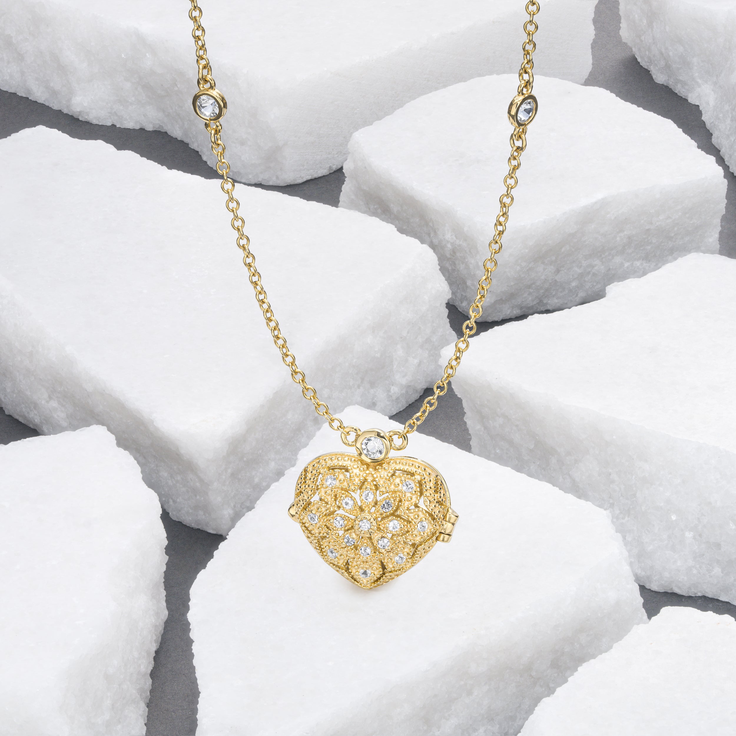 Vintage Heart Locket Lab Diamond Necklace White Topaz in 18K Gold Vermeil
